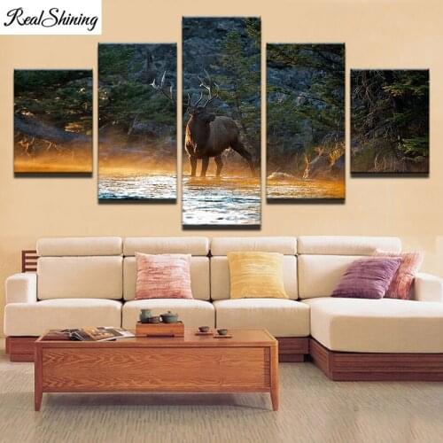 5Pcs Sunshine Mountain Trees Animal Deer Diy Diamond Painting cross-stitch Full 5D Diamond Embroidery Rhinestone Art F1140