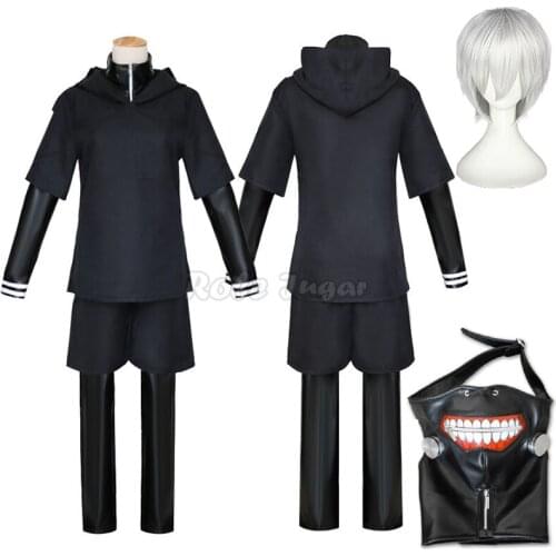 Anime Tokyo Ghoul Ken Kaneki Cosplay Costume Women Men Black Leather Fight Uniform With Mask Wig Halloween Costumes C75C91