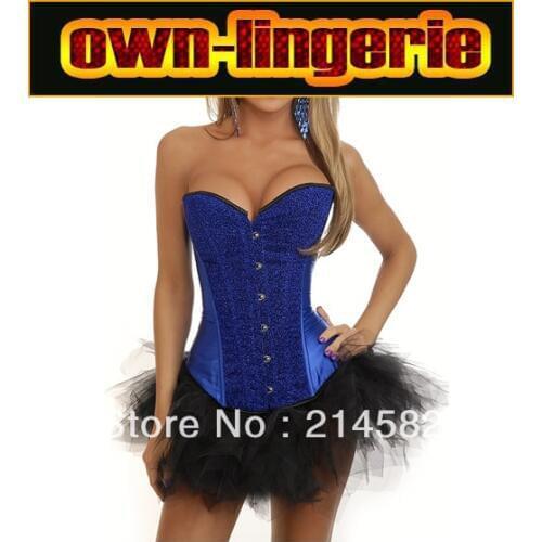 Free Shipping Drak Blue Sapphire Strapless Overbust Bustiers Paillette Corsets with Tutu Skirt w7063