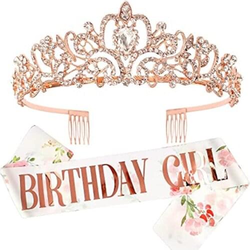Glitter Birthday Sash Rhinestone Tiara 18th Gold Silver Crystal Crown Birthday Queen Satin Ribbon Sash Girl Birthday Party Decor