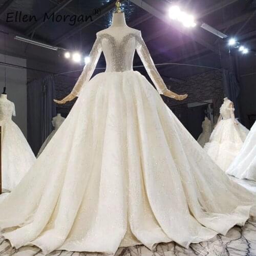 Sparklly Lace Ball Gowns Wedding Dresses Real Photos Elegant Crystals Long Sleeves Vestidos De Novia Bridal Gowns 2020