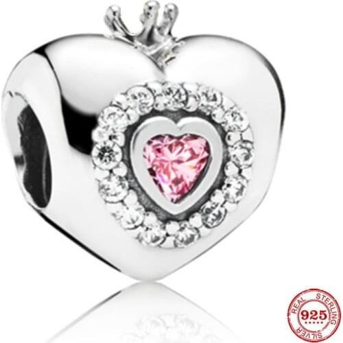European Pink Princess Heart Charm New 925 Sterling Silver Love Beads Charms Fit Original Pandora Bracelets DIY Jewelry