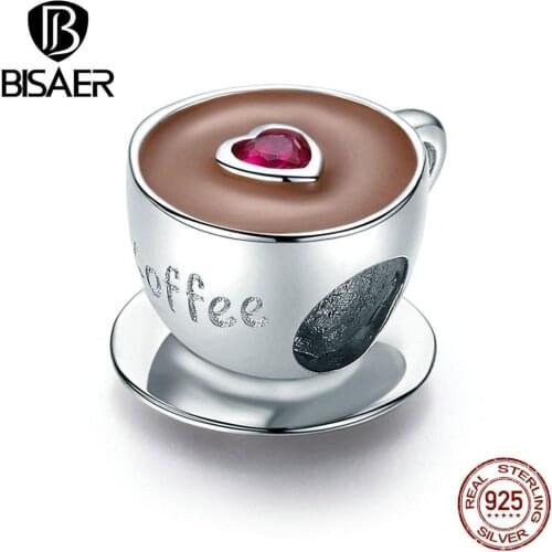 Cup Beads BISAER 925 Sterling Silver Coffee Cups Cafe Beads Charms fit for Charm Bracelets Silver 925 Jewelry ECC1286