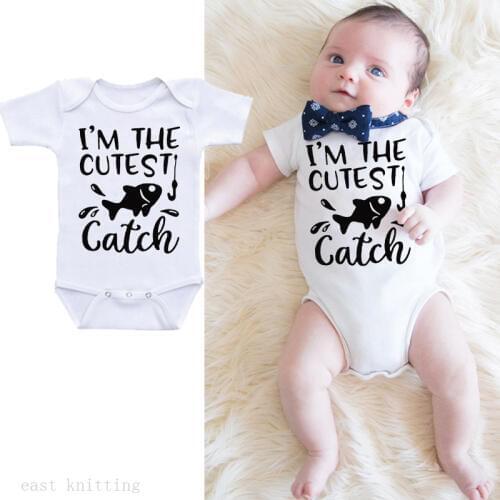 DERMSPE New Summer Newborn Baby Boys Girls Cotton Short Sleeve Letter I'm The Cutest Catch Romper Jumpsuit Baby Clothes White