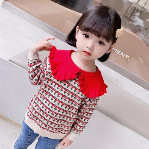 Children Flower Sweaters New Arrival 2021 Autumn Turn Down Collar Knitwear Kids Knitting Pullovers Tops Girls Clothes For 2-7Yrs