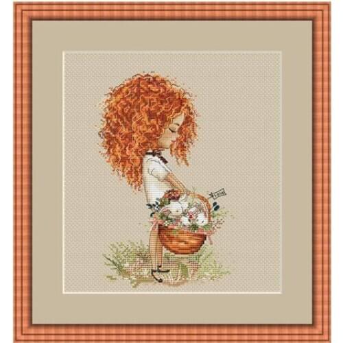 Hh Curly girl with basket cross stitch kit Animal cotton thread 14ct linen flaxen canvas stitching embroidery DIY