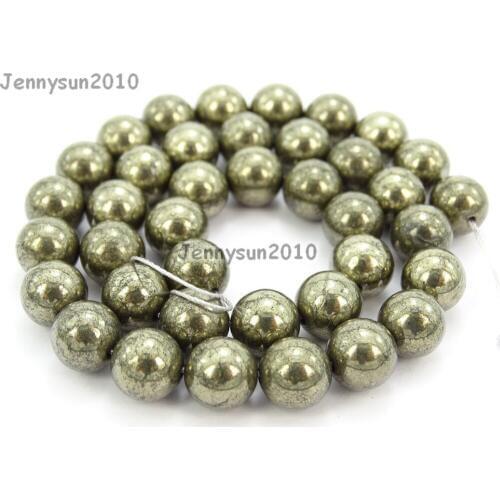 Natural Pyrite Gems Stones 10mm Smooth Round Spacer Loose Beads 15'Strand for Jewelry Making Crafts 5 Strands/Pack