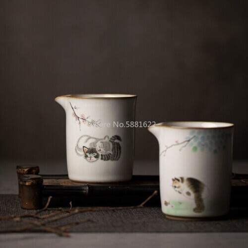 Ceramic tea pitchers chahai cute cat chinese kung fu tea accessories 300ml