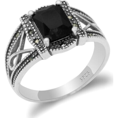 Women Zircon Ring 925 Sterling Silver Black/Red Stone Vintage Punk Style Thai Silver Ring for Ladies Fashion Jewelry