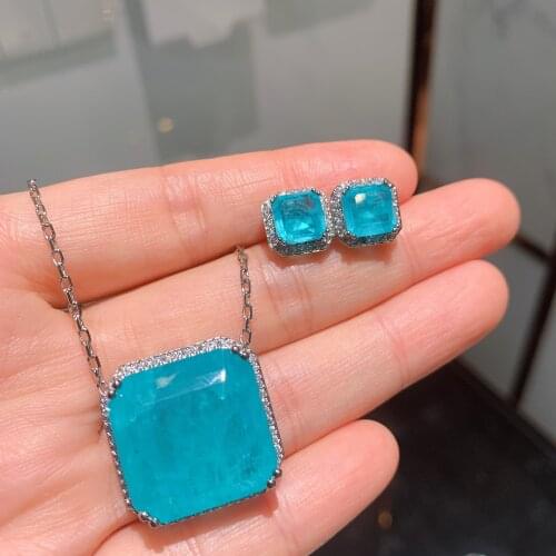 QTT Paraiba Tourmaline Gemstone Square Set Stunning Wedding Accessories 925 Sterling Silver Necklace Earrings Female Set 2 Pcs