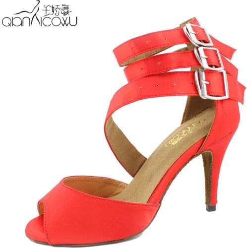 Red Satin soft outsole high-heeled 8.5cm 10cm Latin dance shoes womens Ballroom dancing shoes Party Wedding shoes