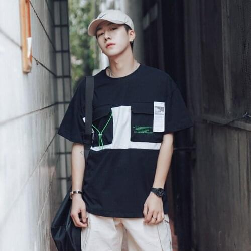 Color Patchwork Hip Hop Summer Streetwear T-shirts Mens Fashion Short Sleeve Cotton Tops Tees Homme Casual Pockets Male Funny