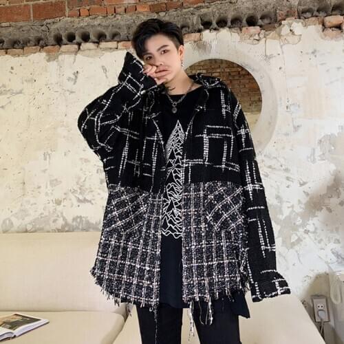 Men Vintage Weave Wool Splice Loose Casual Hooded Plaid Jacket Male Women Streetwear Hip Hop Fashion Shirt Style Coat Outerwear