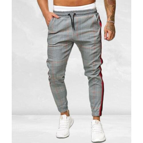 Men pants Side Stripe Printing Plaid Style Skinny Mens Pants Casual Streetwear Sports Trousers Elastic Waist Tie Men Trouser