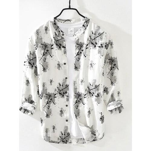 2818 Chinese Style Ink Painting Shirts Black White Summer Men Tencel Linen Stand Collar Single-Breasted Casual Loose Male Tops