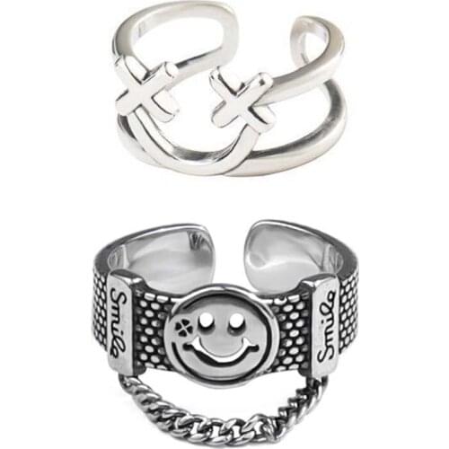 Smiley Face Ring Set For Men Women Silver Chain Adjustable Trendy Hip Hop Edgy Punk Kpop X Hollow Smile Ring Boy Girl Jewelry