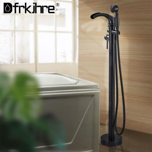 Bathroom Floor Mounted Waterfall Bathtub Shower Faucet Brass Spout Freestanding Bathroom Crane Clawfoot Black Bath Tub Mixer Tap