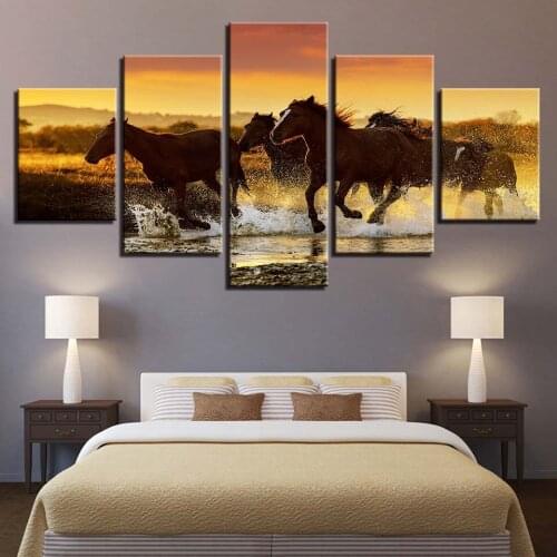Wall Art Pictures 5 Pieces HD Prints Running Horses Poster Framework Galloping Steed Canvas Paintings Home Decor For Living Room