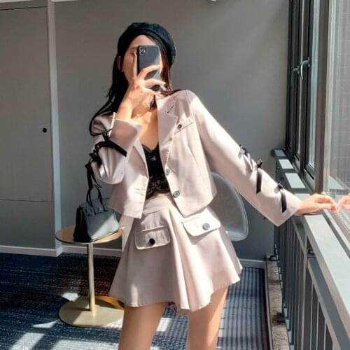 2020 New Autumn Women Clothing Suit Fashion Sexy Black Bow Long Sleeve Short Coat Tops + High Waist Skirt Female 2 Pieces Set