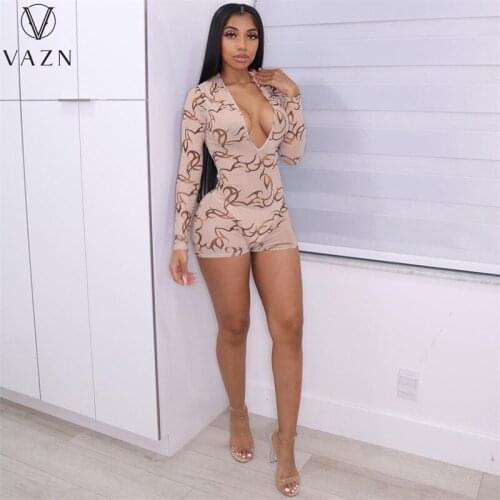 VAZN New 2021 Holiday Bandage Bodycon Fashion Lady Full Sleeve Print Beach Style Jumpsuit Sexy Holiday Shinny Playsuits