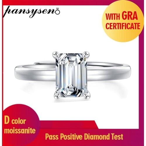 PANSYSEN Classic 100% 925 Sterling Silver 1ct Emerald Cut Real Moissanite Wedding Engagement Ring Fine Jewelry Rings for Women