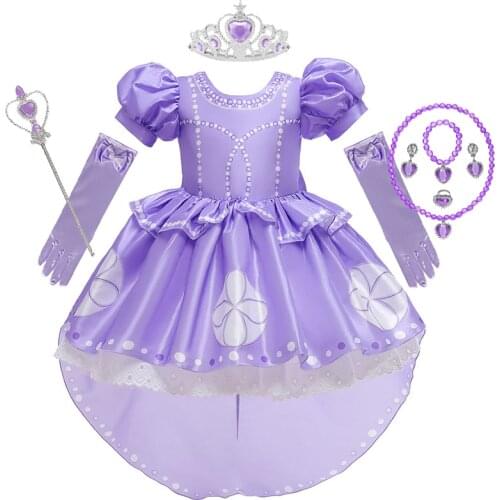 Girls Princess Sofia Dress Costume for Girls Puff Sleeve Cosplay Dresses Halloween Floral Sofia Dress Sophia Dress Up Big Bow