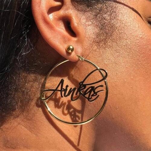 Custom Name Round Earrings Personalized Name Stainless Steel Letter Stud Earrings For Women Big Circle Round Bijoux Aros