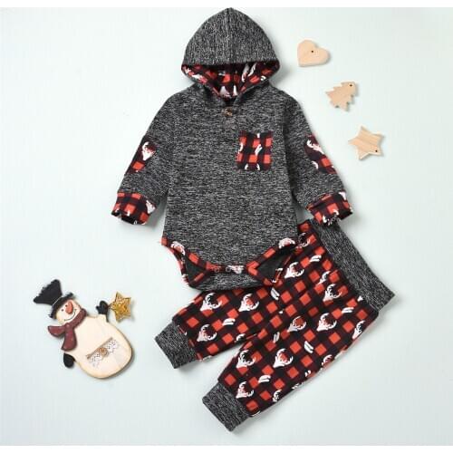 Xmas 0-24M Newborn Baby Boy Girl Clothes Long Sleeve Hooded Romper+Plaid Deer Print Harem Pants Cotton 2pcs Set
