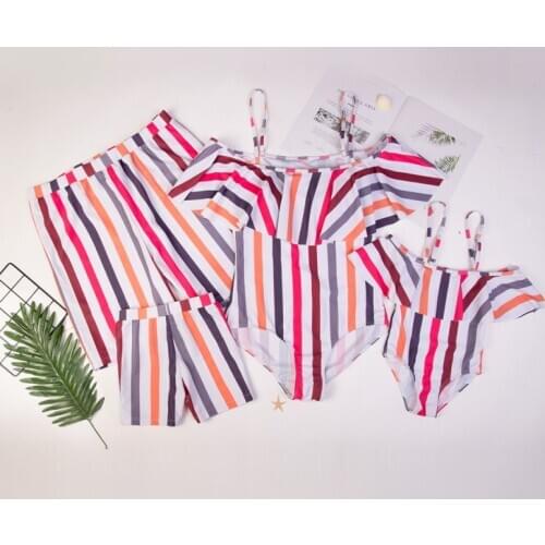 Family Parent-Child Swimsuit Set Sexy Stripes Print Slim Sling Halter Bikini High Waist Mom Daughter Swimwear