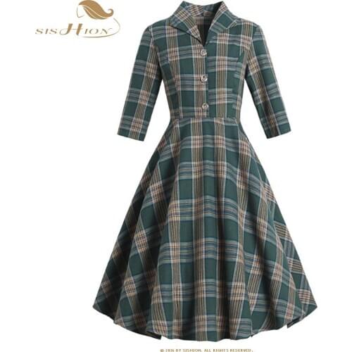 SISHION Autumn Lapel Three-quarter sleeves Green plaid Dress SP1264 Slim Hepburn Retro big swing dress women Falads