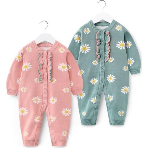 0-18M Spring Winter Newborn Baby Girl Knitted Romper Baby Jumpsuit Daisy print Long Sleeve Warm Outfits Sweater