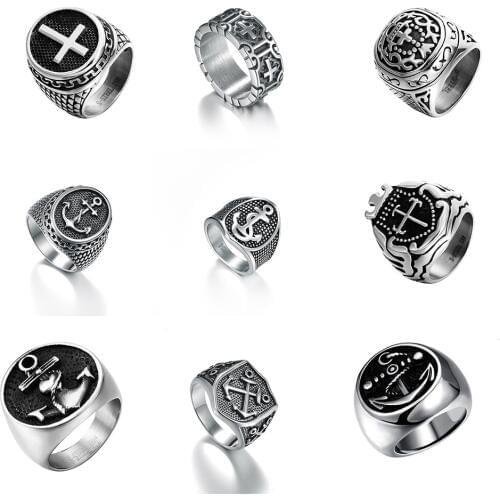 Stainless Steel Iron Knights Templar Cross Boat Anchor Wedding Ring Hiphop/Rock Party Vintage Finger Rings
