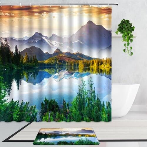 Sunshine Mountain Lake Scenery Shower Curtains Snow Forest Natural Landscape Bathroom Curtain 2-Piece Non-Slip Bath Mats Carpet