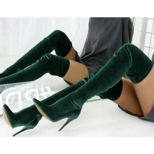 Sexy Green Velvet Tight High Boots Pointed Toe Stretch Slim Fit Over The Knee Boots Thin Heels Party Dress Shoes Drop Ship