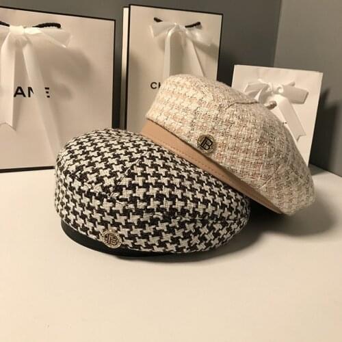 K244 Womens Hat Beret 2021 New Fashion All-match Houndstooth Female British Retro Octagonal Hat Painter Hat Autumn Womens Kepi