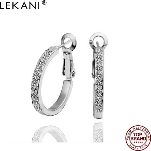 LEKANI Simple Round Hoop Earrings For Women White 5A Clear Cubic Zirconia Push Back Earring Anniversary Hot Sale Fashion Jewelry