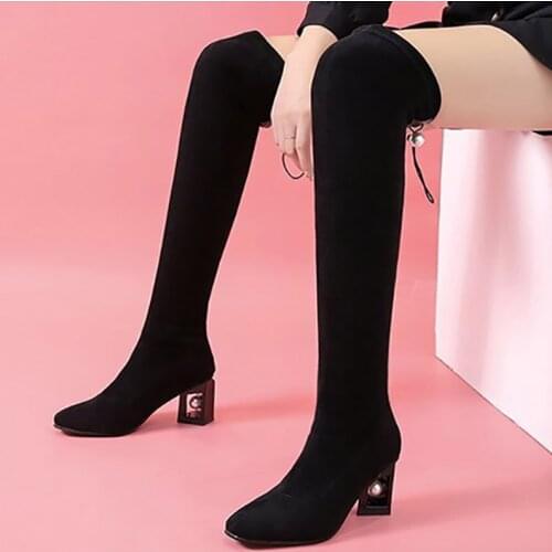 New Thigh High Boots Women Lace Up Sexy Heels 7CM Comfortable Long Sock Boots Elastic Black Slim Warm Shoes Winter Female Shoes