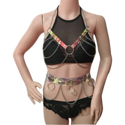 New Handmade Punk Gothic Chain Holographic Bra Top Harness Straps Hologram Rainbow PVC Bondage Wide Waist Belt for women