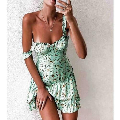 2021 Women Spaghetti Strap Floral Sundress Sweet Lace Ruched Ruffles Tutu Mini Dress A-Line Lady Flowers Strapless Dress