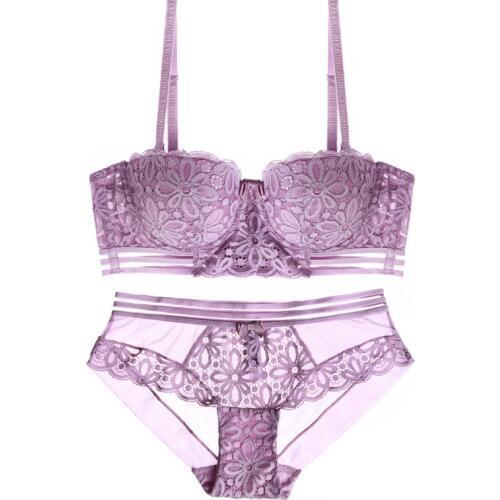 Wasteheart Women Fashion Purple Lace Trim Mesh Padded Bras Bralette Cotton Panties Push Up Sexy Lingerie Set Underwear Underwire