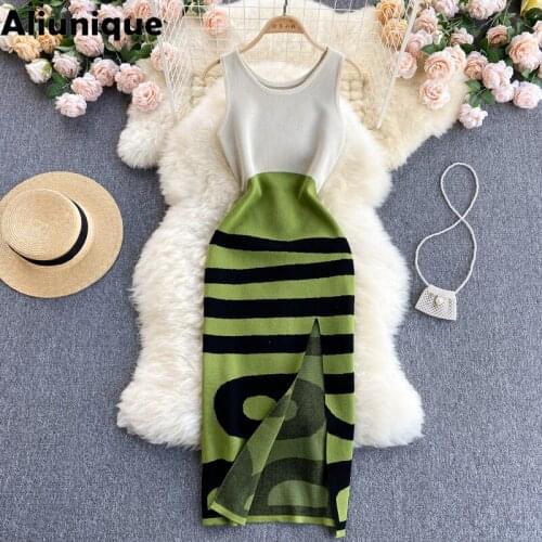 Aliunique Trendy Splicing Striped Slim Dress For Women 2021 Summer Fashion Leisure Temperament Lady Knitting Split Fork Dress