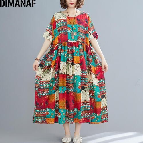 DIMANAF Summer Plus Size Dress Women Clothing Sundress Beach Print Floral Elegant Lady Vestidos Vinatge Cotton Loose Maxi Dress