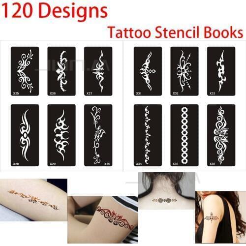 120 Designs Temporary Glitter Tattoo Stencil Book For Flash Body Paint-Airbrush Tattoo Template Mixed Designs Set Album