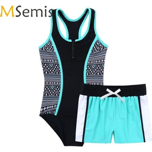 2Pcs Kids Girls Swimming Suit Round Neck Sleeveless Racer Back Jumpsuit Elastic Waist Boyshorts Set Beach Swimwear Bathing Suits