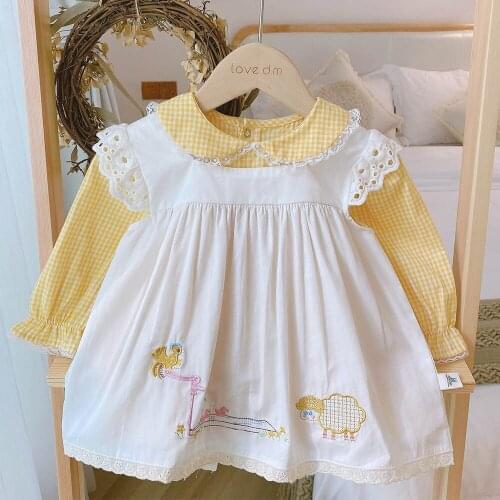 AmyaBaby 2020 Autumn Girls Dress Plaid Long Sleeve + Cartoon Sleeveless Baby Girl Clothing 2pcs Princess Kids Dresses Set