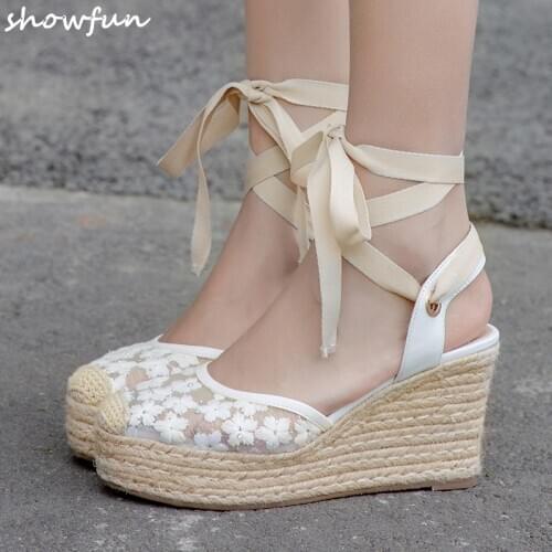 Womens genuine leather bordered wedge platform sandals Embroidered flowers lace elegant ladies comfort sandals high heel shoes