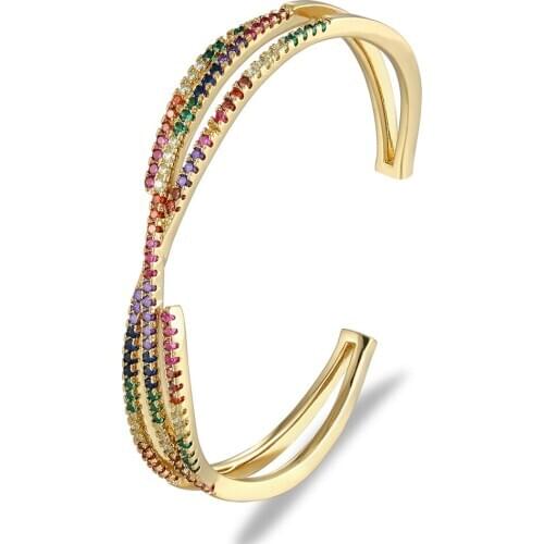 Wholesale Gold Color Copper Cuff Bangle Colorful Cubic Zirconia Opening Adjustable Design Bracelet Fashion Women Party Jewelry