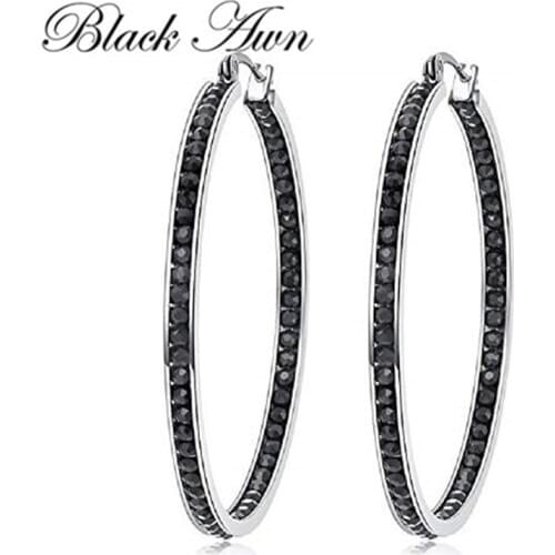 Black Awn New Classic 925 Sterling Silver Round Black Trendy Spinel Engagement Hoop Earrings for Women Fine Jewelry I195