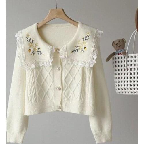 Spring Winter Korean Version Women Cardigan Long Sleeve Big Turn Down Collar Knitted Cardigan Loose Short Flowers Sweater Coats