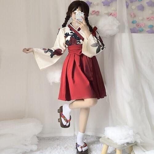 Preppy style student Hanfu retro sweet lolita sets v-neck pleated victorian printing kawaii girl loli cos gothic lolita kimono